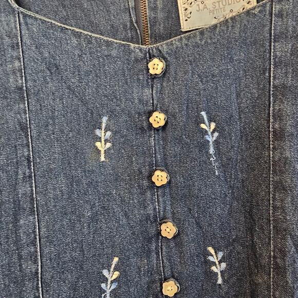 Vintage Denim Dress Women Medium 90s Midi Blue Floral Cottage Granny Prairie - Picture 4 of 14
